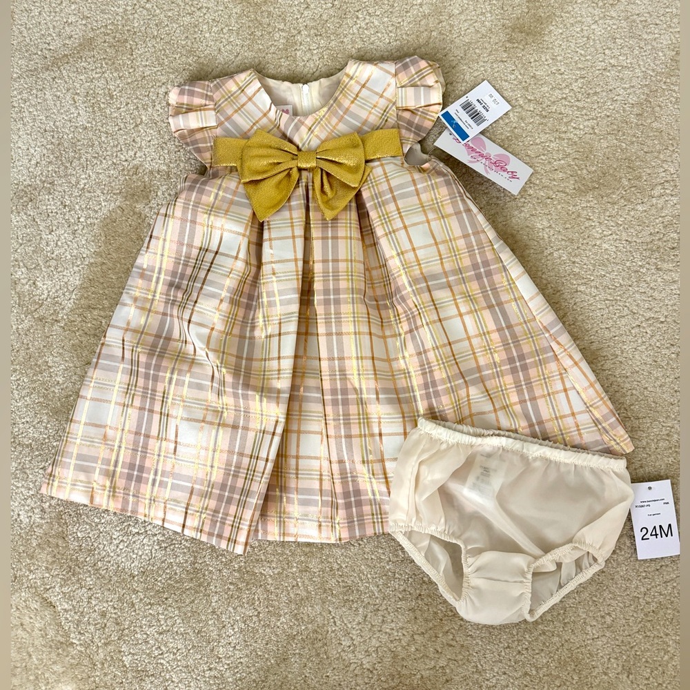 🆕 BONNIE BABY - Baby Girls Short Sleeved Burnout Trapeze Dress with Golden Bow